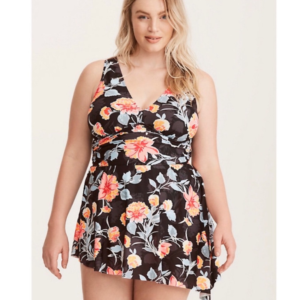 Torrid Asymmetrical Floral One Piece Swim Dress